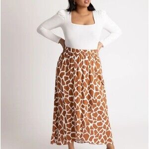 Eloquii Faux Wrap Midi Skirt Giraffe Print Orange White NWT - Size 14